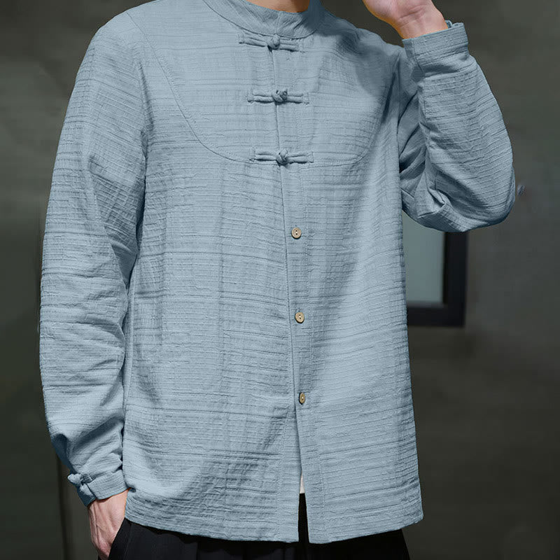Chemise veste pour homme Foviel de style Tang, couleur unie, demi-boutons brandebourgs, en coton et lin