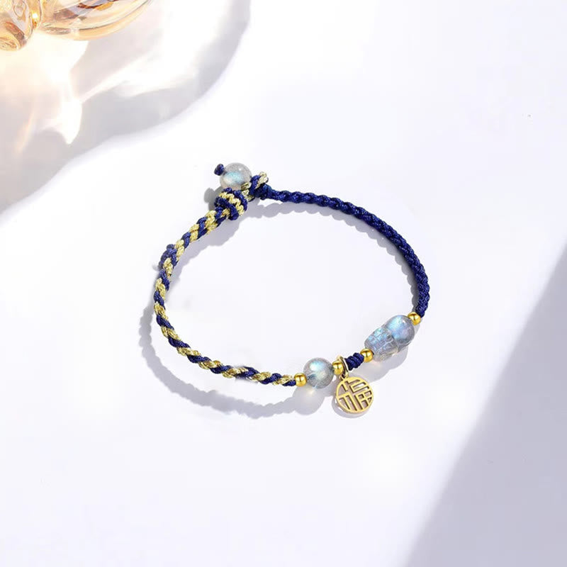Foviel Moonstone PiXiu Blue Tiger Eye Fu Character Healing Couple String Bracelet