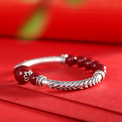 Buddha Stones 999 Sterling Silver Cinnabar Wheat Ears Blessing Bracelet Bangle Bracelet Bangle BS 10