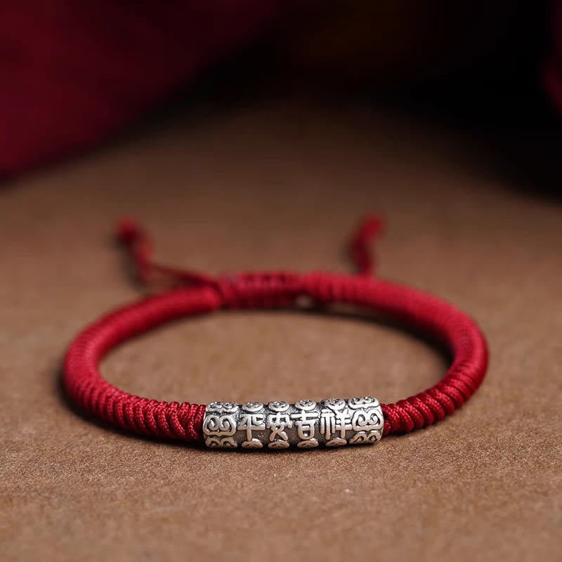 Buddha Stones Handmade 999 Sterling Silver Peace and Good Fortune Om Mani Padme Hum Luck Rope Bracelet Bracelet BS Dark Red(Wrist Circumference 14-20cm) Peace and Good Fortune