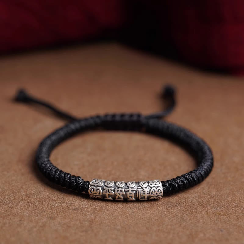 Buddha Stones Handmade 999 Sterling Silver Peace and Good Fortune Om Mani Padme Hum Luck Rope Bracelet Bracelet BS Black(Wrist Circumference 14-20cm) Peace and Good Fortune