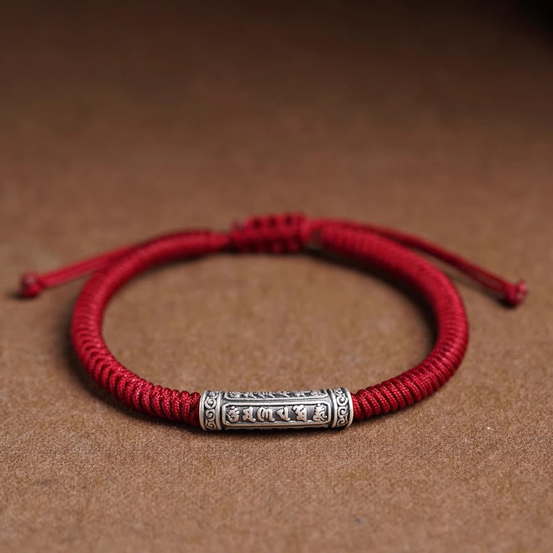 Buddha Stones Handmade 999 Sterling Silver Peace and Good Fortune Om Mani Padme Hum Luck Rope Bracelet Bracelet BS Dark Red(Wrist Circumference 14-20cm) Om Mani Padme Hum