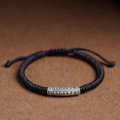 Buddha Stones Handmade 999 Sterling Silver Peace and Good Fortune Om Mani Padme Hum Luck Rope Bracelet Bracelet BS Black(Wrist Circumference 14-20cm) Om Mani Padme Hum