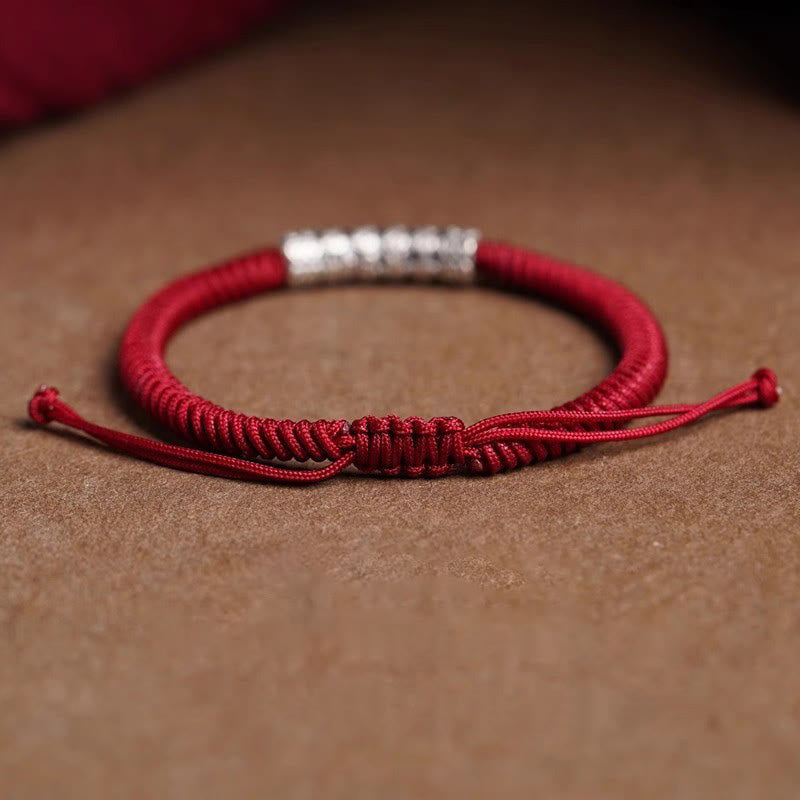 Buddha Stones Handmade 999 Sterling Silver Peace and Good Fortune Om Mani Padme Hum Luck Rope Bracelet Bracelet BS 9