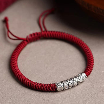 Buddha Stones Handmade 999 Sterling Silver Peace and Good Fortune Om Mani Padme Hum Luck Rope Bracelet Bracelet BS 2
