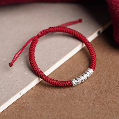 Buddha Stones Handmade 999 Sterling Silver Peace and Good Fortune Om Mani Padme Hum Luck Rope Bracelet Bracelet BS 3