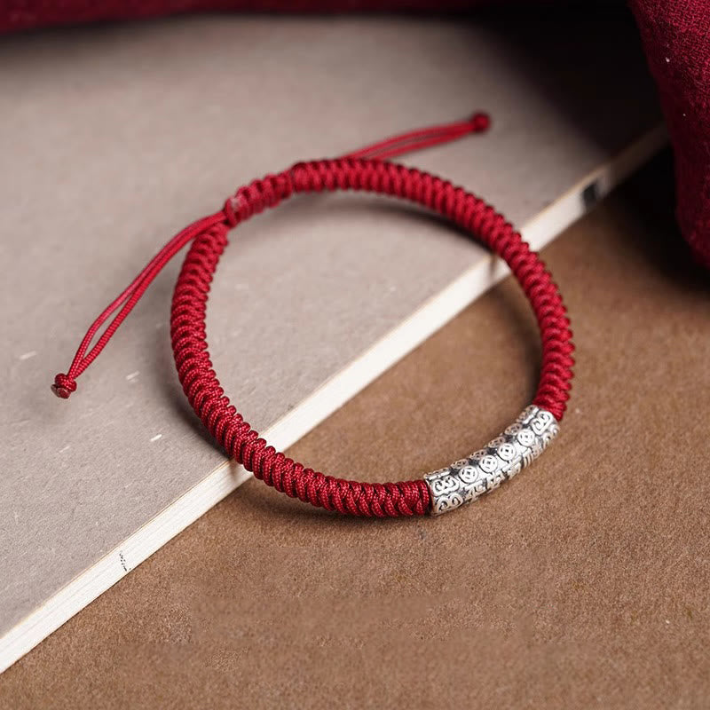 Buddha Stones Handmade 999 Sterling Silver Peace and Good Fortune Om Mani Padme Hum Luck Rope Bracelet Bracelet BS 3