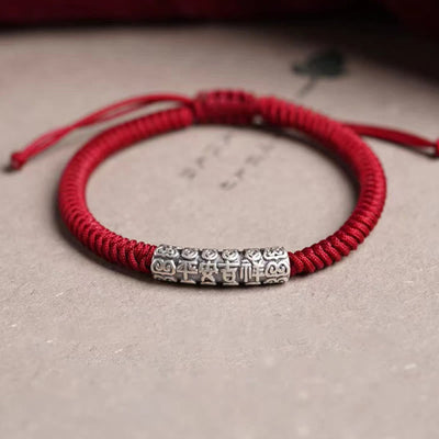 Buddha Stones Handmade 999 Sterling Silver Peace and Good Fortune Om Mani Padme Hum Luck Rope Bracelet Bracelet BS 10