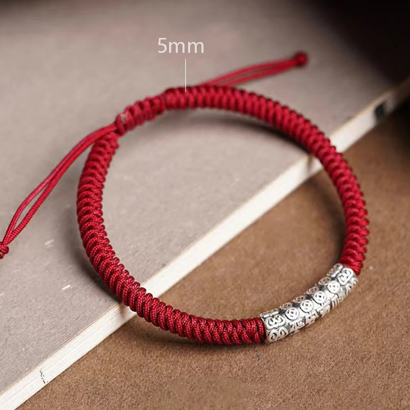 Buddha Stones Handmade 999 Sterling Silver Peace and Good Fortune Om Mani Padme Hum Luck Rope Bracelet Bracelet BS 11