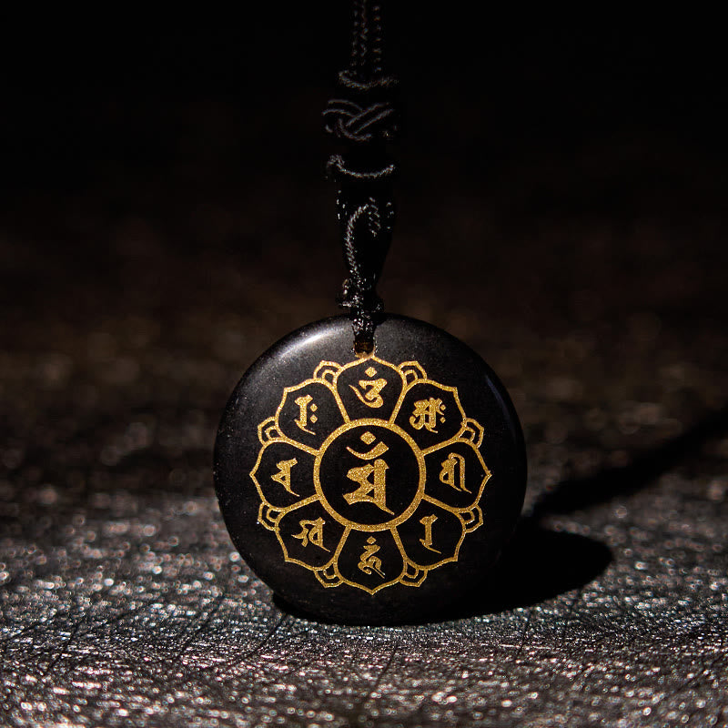 Foviel Om Mani Padme Hum Natural Various Crystal Black Obsidian Strength Necklace Pendant