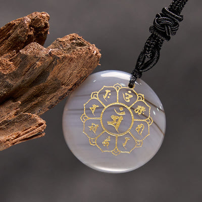 Pendentif collier de force en obsidienne noire avec divers cristaux naturels Foviel Om Mani Padme Hum