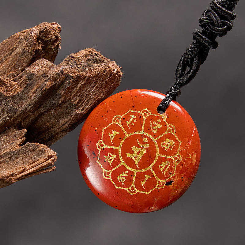 Pendentif collier de force en obsidienne noire avec divers cristaux naturels Foviel Om Mani Padme Hum