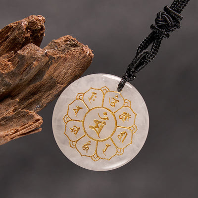 Pendentif collier de force en obsidienne noire avec divers cristaux naturels Foviel Om Mani Padme Hum