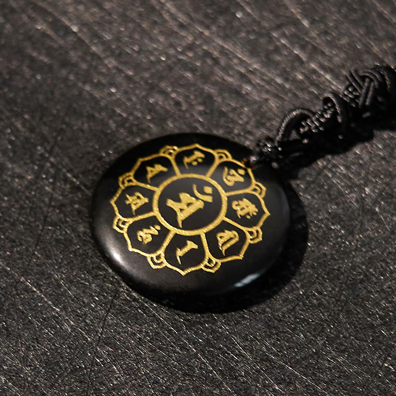 Foviel Om Mani Padme Hum Natural Various Crystal Black Obsidian Strength Necklace Pendant