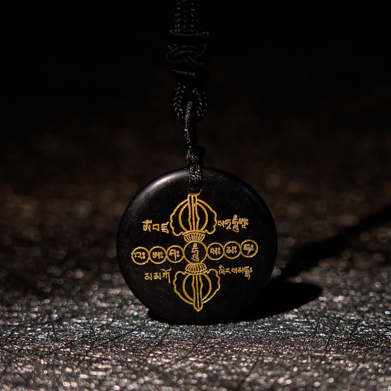 Foviel Vajra Dorje Sanskrit Pattern Natural Various Crystal Black Obsidian Fulfilment Necklace Pendant