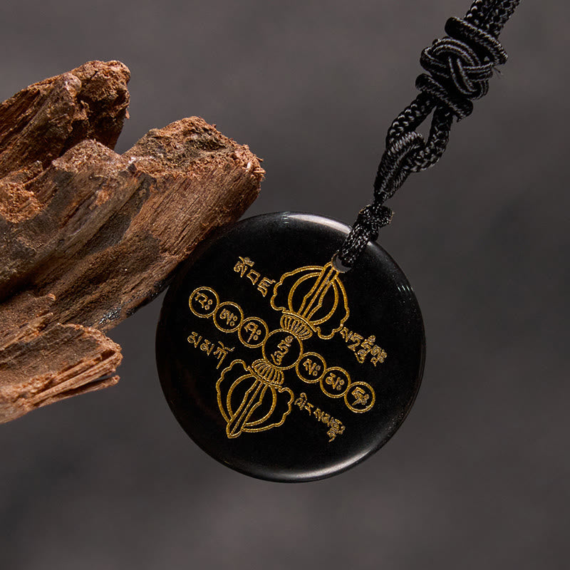 Foviel Vajra Dorje Sanskrit Pattern Natural Various Crystal Black Obsidian Fulfilment Necklace Pendant