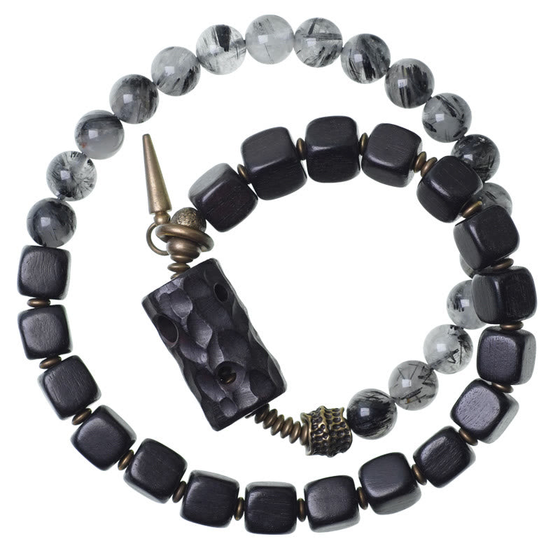 Buddha Stones Ebony Wood Black Rutilated Quartz Copper Brass Double Wrap Balance Bracelet - image 12