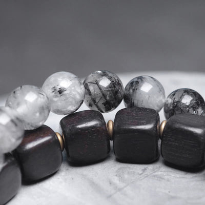 Buddha Stones Ebony Wood Black Rutilated Quartz Copper Brass Double Wrap Balance Bracelet - image 8