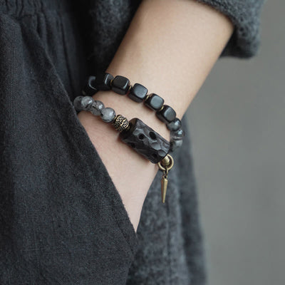 Buddha Stones Ebony Wood Black Rutilated Quartz Copper Brass Double Wrap Balance Bracelet - image 4
