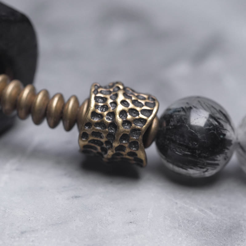 Buddha Stones Ebony Wood Black Rutilated Quartz Copper Brass Double Wrap Balance Bracelet - image 9