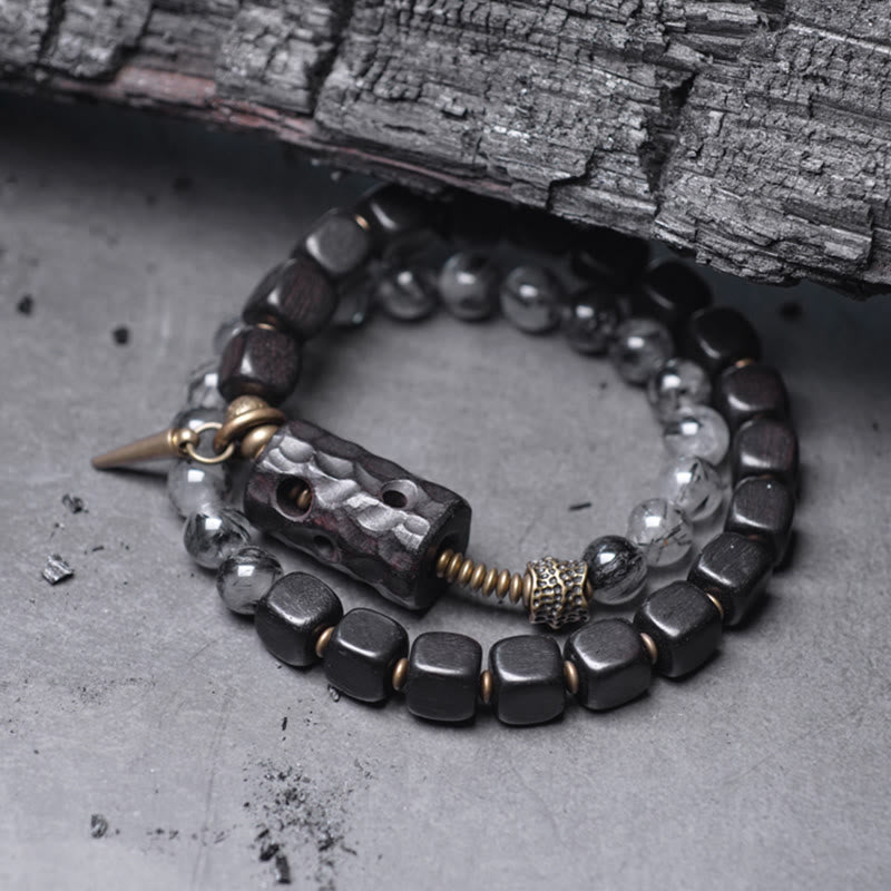 Buddha Stones Ebony Wood Black Rutilated Quartz Copper Brass Double Wrap Balance Bracelet - image 1