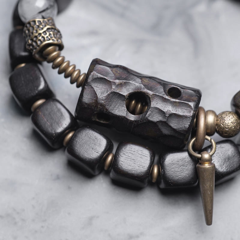 Buddha Stones Ebony Wood Black Rutilated Quartz Copper Brass Double Wrap Balance Bracelet - image 2
