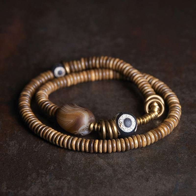 Buddha Stones Ebony Wood Green Sandalwood Copper Brass Dzi Bead Black Onyx Calm Double Wrap Bracelet Bracelet BS Green Sandalwood Brass Dzi Bead Black Onyx 17-17.5cm