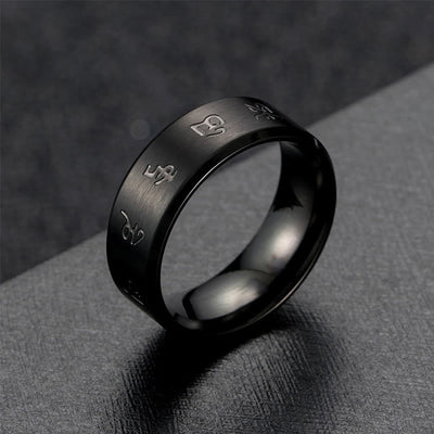 Buddha Stones Black Jambhala Mantra Titanium Steel Balance Ring Ring BS 3