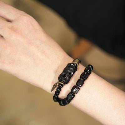Buddha Stones Ebony Wood Black Obsidian Copper Brass Peace Double Wrap Bracelet Bracelet BS 14