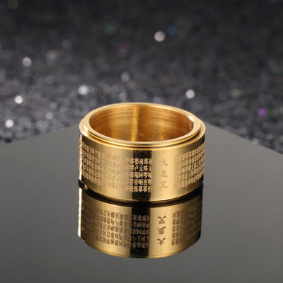 Buddha Stones Great Compassion Mantra Carved Titanium Steel Strengthen Rotatable Ring Ring BS Gold US14