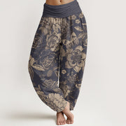 Pantalon sarouel décontracté en coton pour femme Foviel à motifs de pivoines et de feuilles avec taille élastique