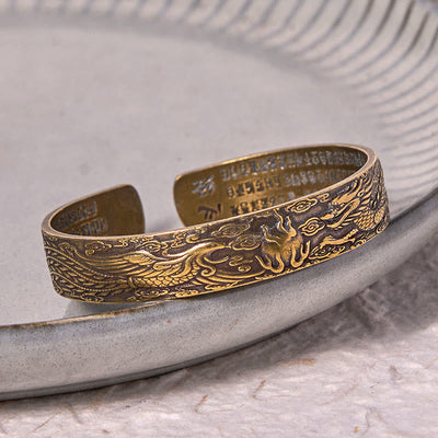 Foviel Dragon And Phoenix Playing With A Pearl Heart Sutra Carved Copper Brass Luck Bracelet Bangle