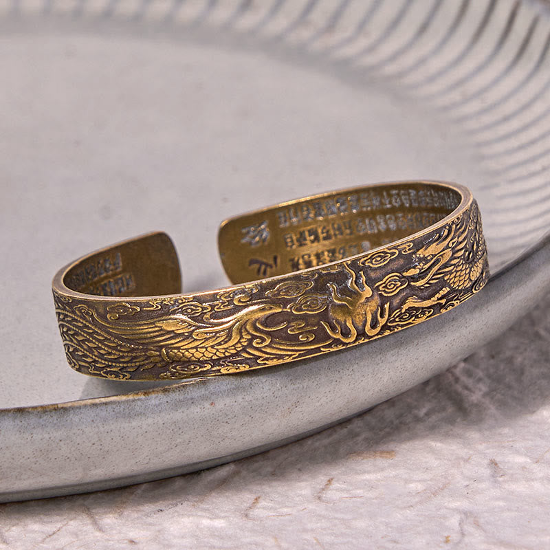 Foviel Drache und Phoenix spielen mit einem Perle Herz Sutra geschnitzt Kupfer Messing Glück Armband Armreif