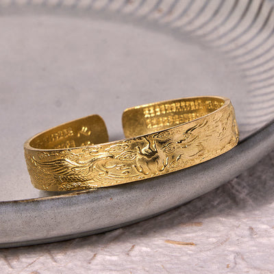 Foviel Dragon And Phoenix Playing With A Pearl Heart Sutra Carved Copper Brass Luck Bracelet Bangle