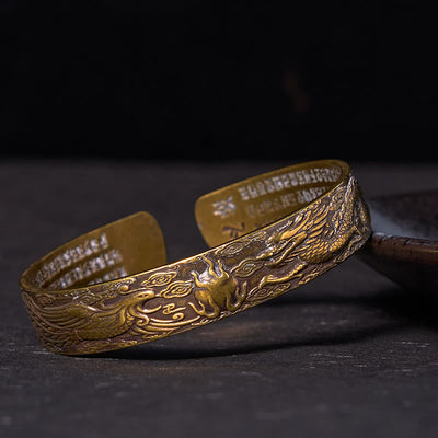 Foviel Dragon And Phoenix Playing With A Pearl Heart Sutra Carved Copper Brass Luck Bracelet Bangle
