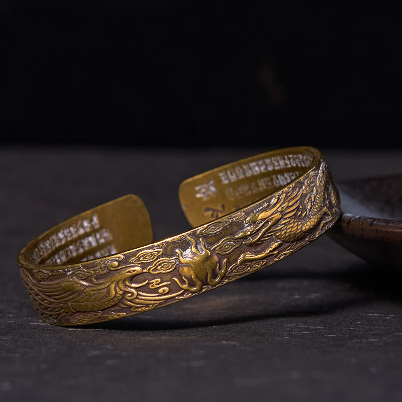Foviel Drache und Phoenix spielen mit einem Perle Herz Sutra geschnitzt Kupfer Messing Glück Armband Armreif