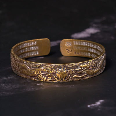 Foviel Dragon And Phoenix Playing With A Pearl Heart Sutra Carved Copper Brass Luck Bracelet Bangle
