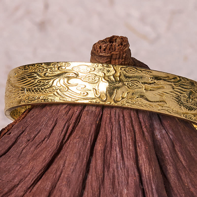 Foviel Dragon And Phoenix Playing With A Pearl Heart Sutra Carved Copper Brass Luck Bracelet Bangle