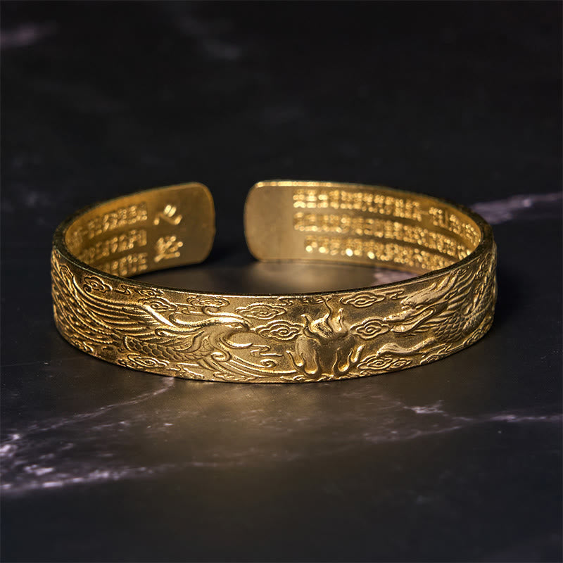 Foviel Dragon And Phoenix Playing With A Pearl Heart Sutra Carved Copper Brass Luck Bracelet Bangle