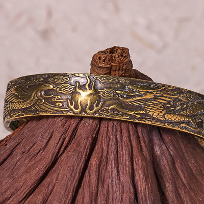 Foviel Dragon And Phoenix Playing With A Pearl Heart Sutra Carved Copper Brass Luck Bracelet Bangle