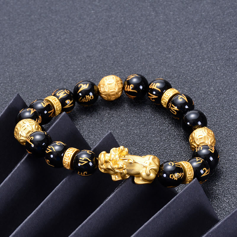 Buddha Stones Black Obsidian Black Onyx Alloy PiXiu Om Mani Padme Hum Strength Bracelet Bracelet BS 2
