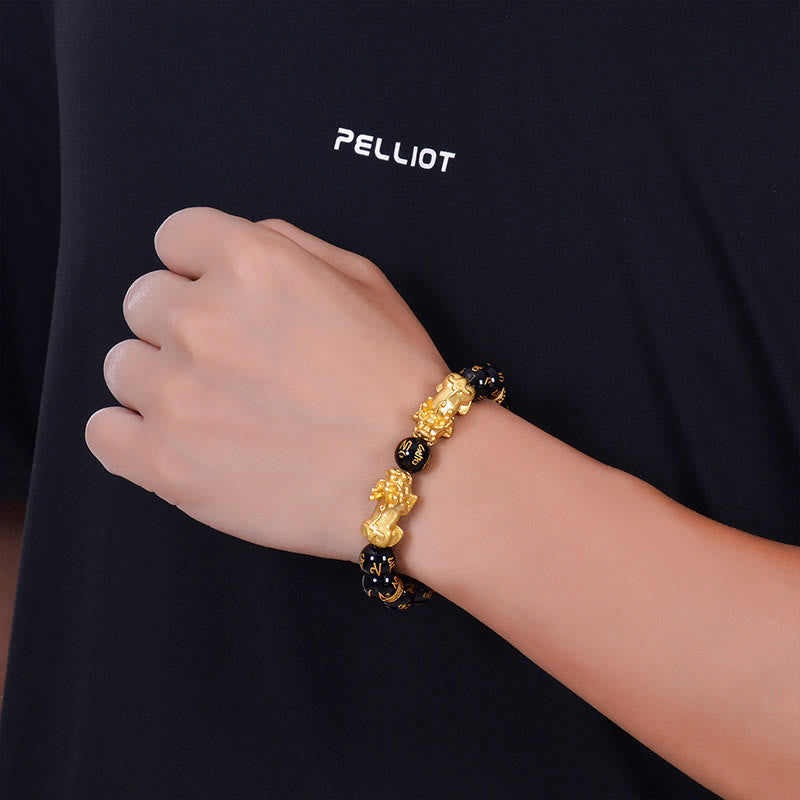 Buddha Stones Black Obsidian Black Onyx Golden Alloy Two PiXiu Om Mani Padme Hum Strength Bracelet Bracelet BS 3