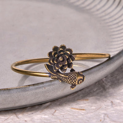 Foviel Lotus Flower Koi Fish Copper Brass Enlightenment Luck Bracelet Bangle