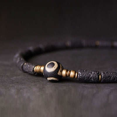 Buddha Stones Vintage Lava Rock Three-eyed Dzi Bead Copper Brass Multi-turn Wrap Calm Bracelet Bracelet BS 11