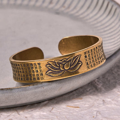 Bracelet manchette en cuivre et laiton avec motif de fleur de lotus et Sutra du Cœur Foviel
