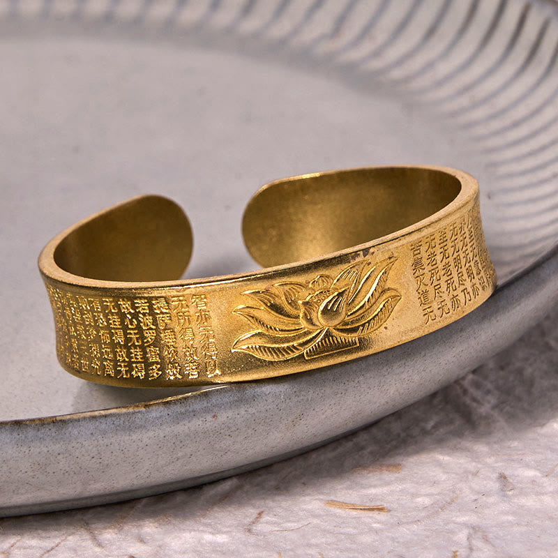 Bracelet manchette en cuivre et laiton avec motif de fleur de lotus et Sutra du Cœur Foviel