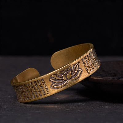 Bracelet manchette en cuivre et laiton avec motif de fleur de lotus et Sutra du Cœur Foviel