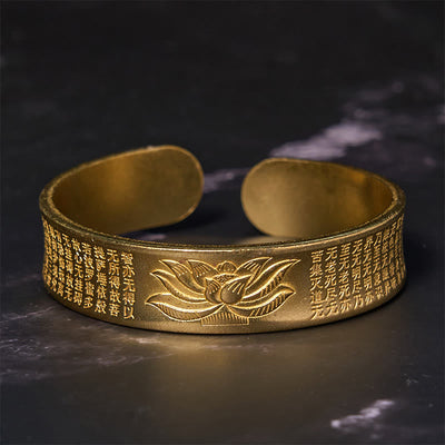 Bracelet manchette en cuivre et laiton avec motif de fleur de lotus et Sutra du Cœur Foviel