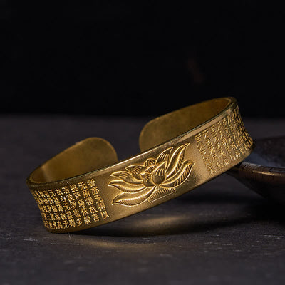 Bracelet manchette en cuivre et laiton avec motif de fleur de lotus et Sutra du Cœur Foviel
