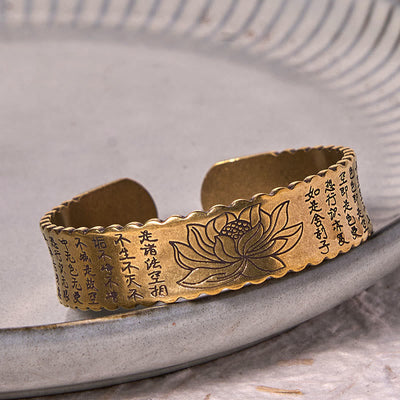 Foviel Heart Sutra Lotus Flower Copper Brass Peace Enlightenment Cuff Bracelet Bangle